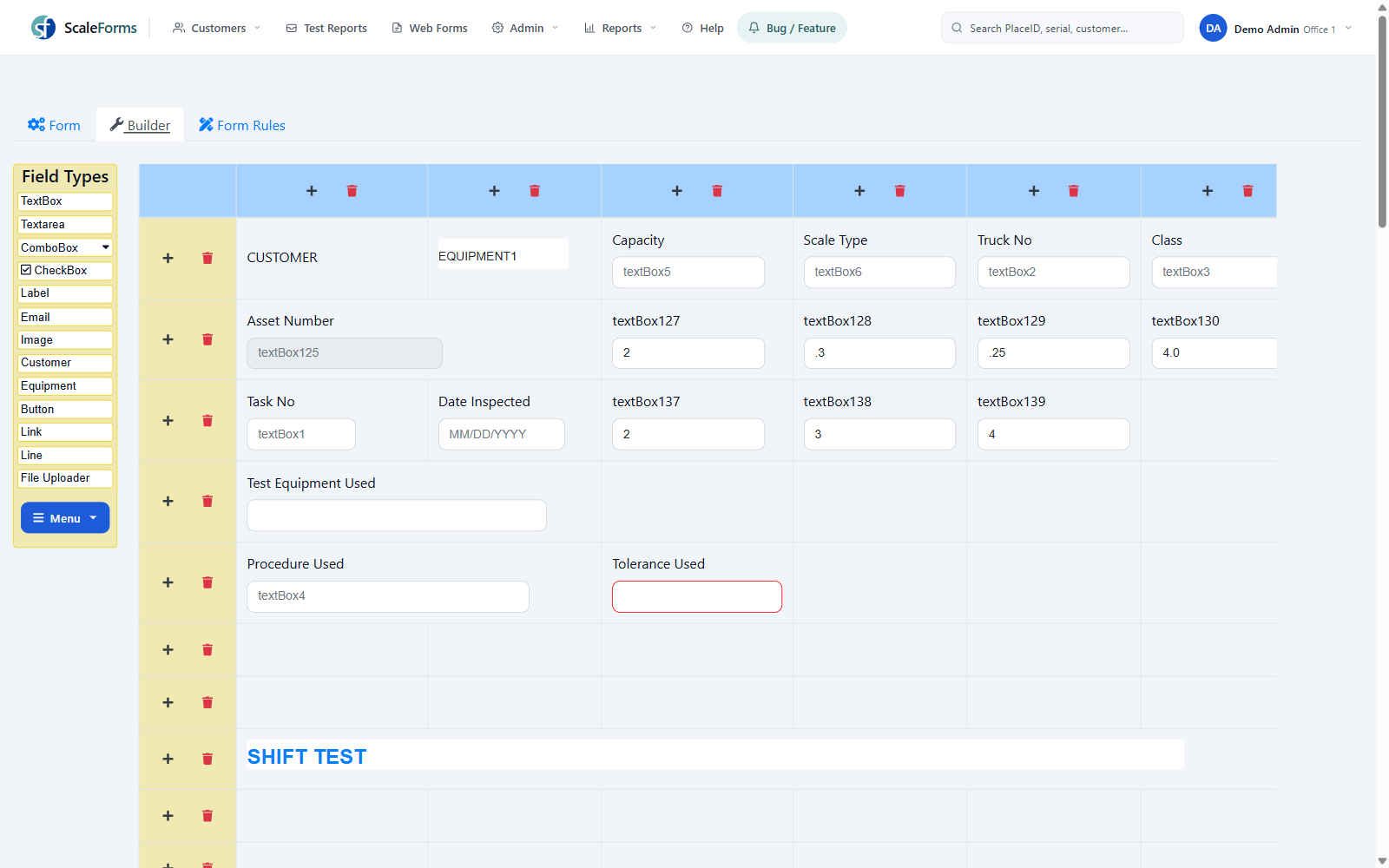 ScaleForms form builder editing a scale test report template with tolerance equations