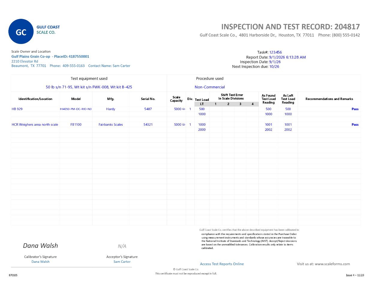 Finished scale inspection and test record PDF generated by ScaleForms with pass results, tolerances, and captured signature