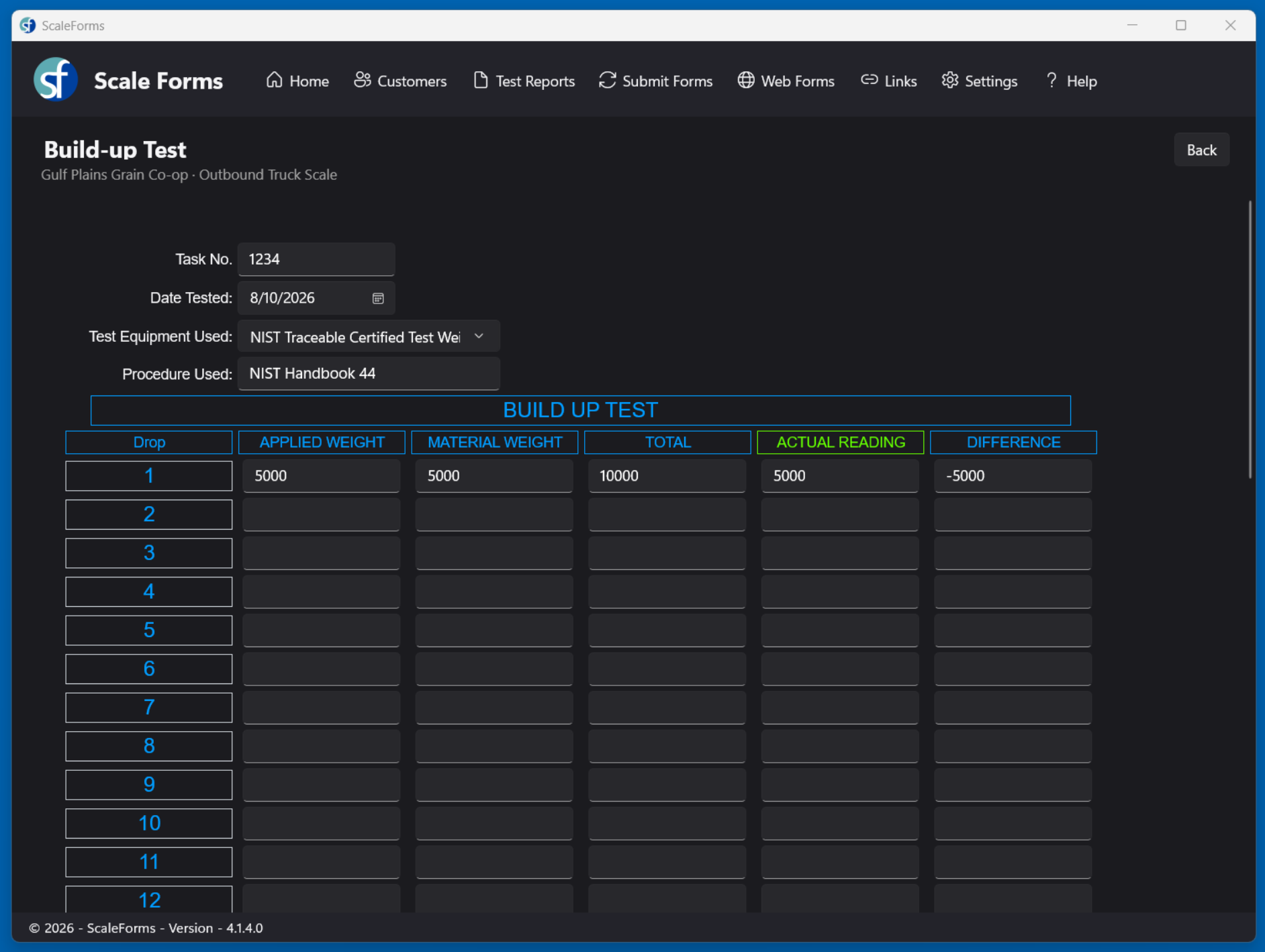 SFMobile field app build-up test entry with NIST Handbook 44 procedure and applied weight readings