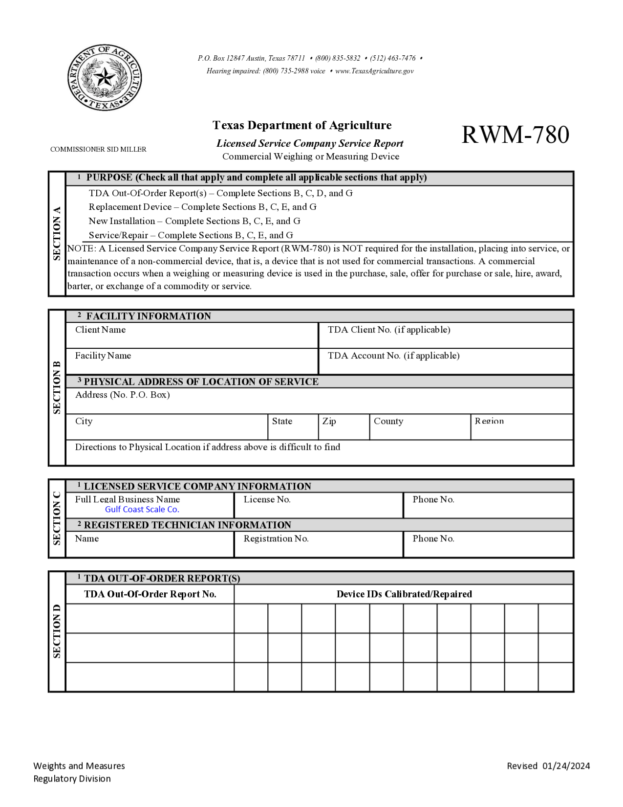 Texas RWM-780 licensed service company scale report form in ScaleForms