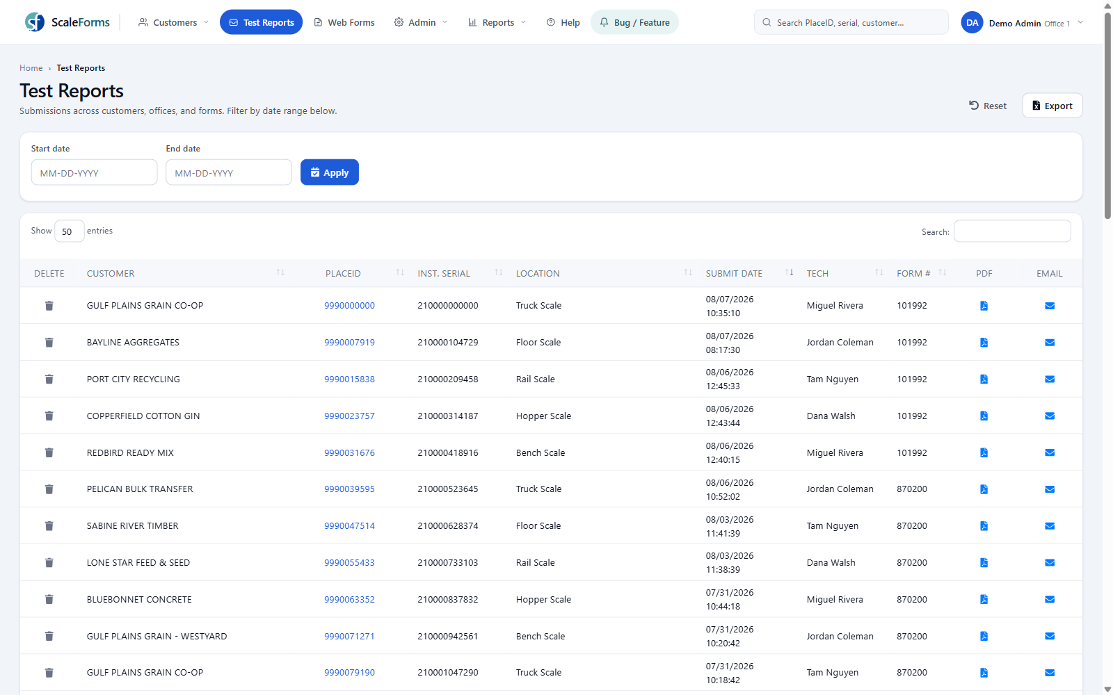 ScaleForms test report software, submitted scale test reports list with urgent flags